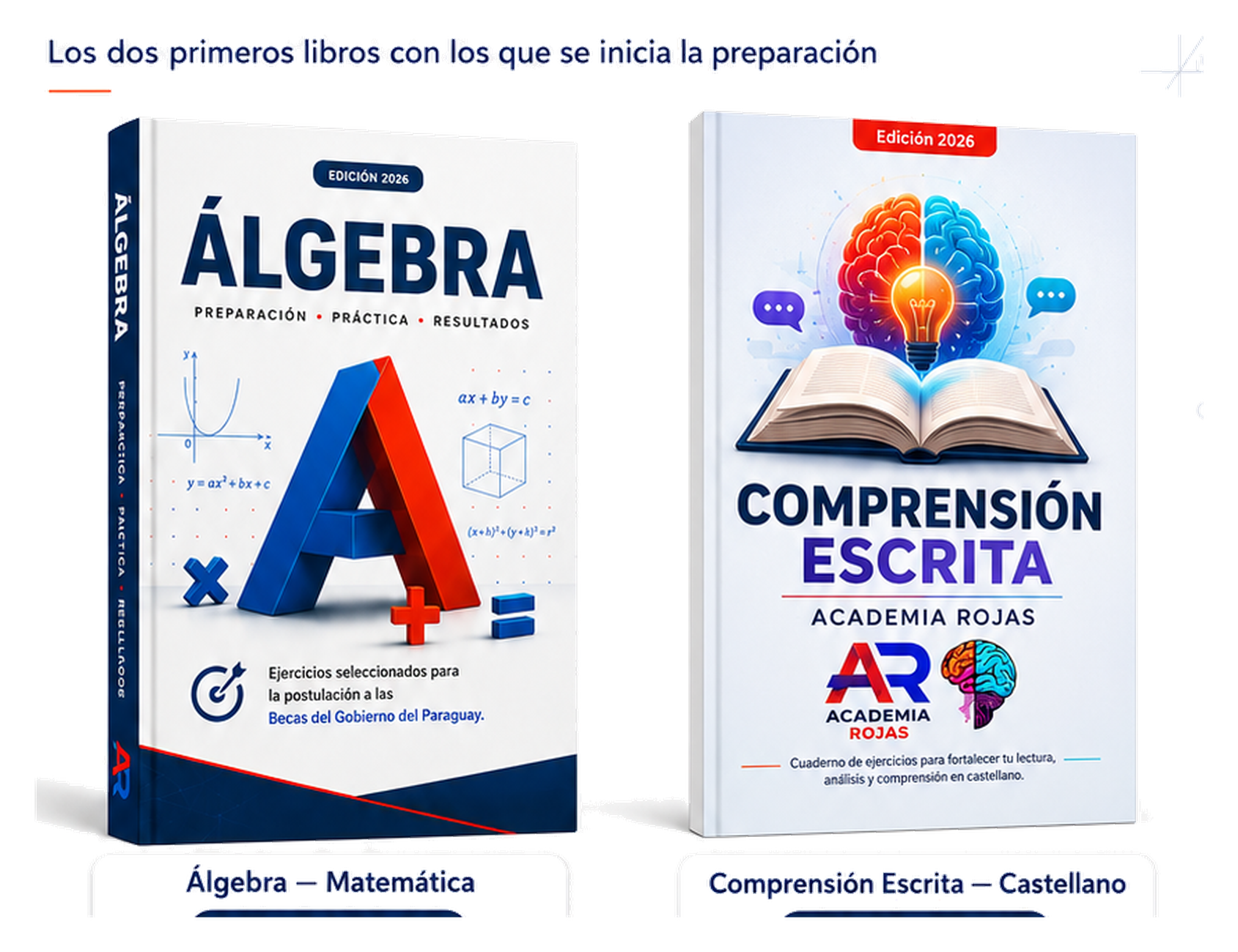 Los dos libros propios de Academia Rojas: Álgebra y Comprensión Escrita